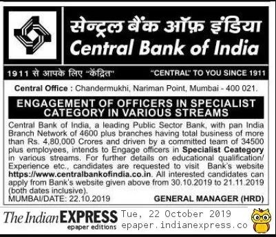 Central bank of india job openings